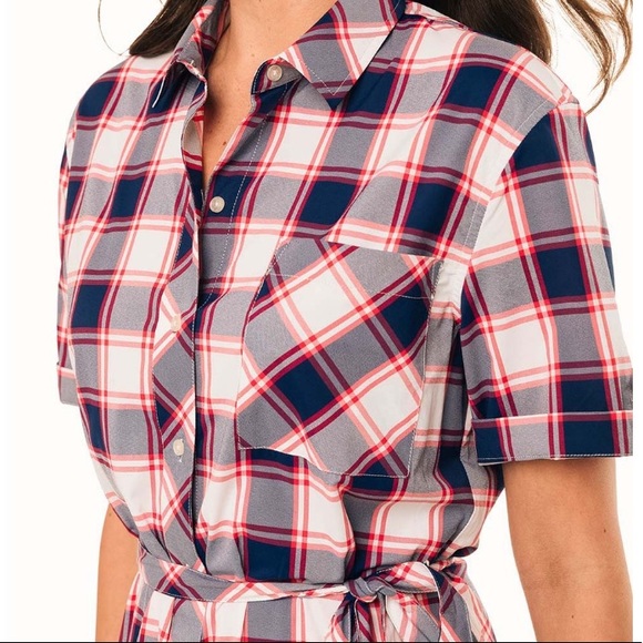 White & Navy Plaid Franca Shirt Dress - Picture 4 of 5